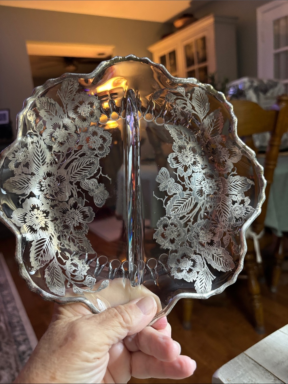 Glass Divided Serving Dish with Etched Floral Design - Clear